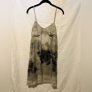 Fei Spaghetti Strap Olive Green Watercolor 100% Silk Mini Dress Size 8